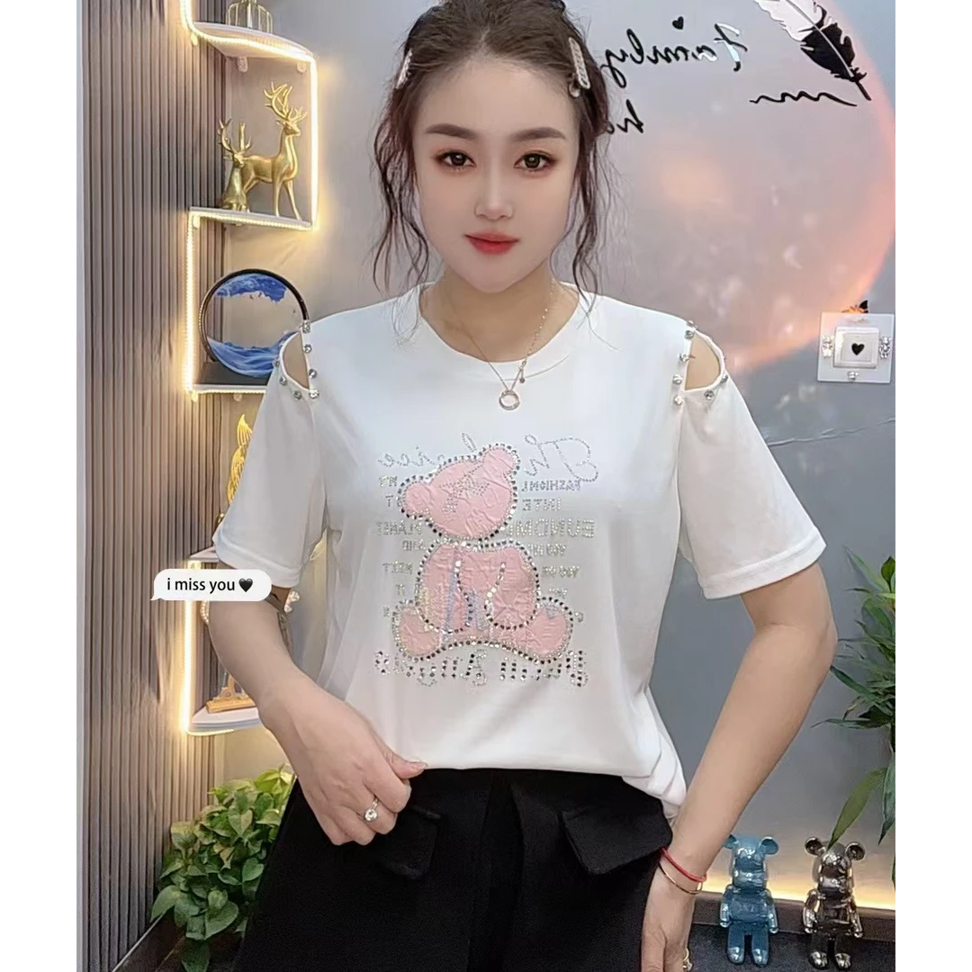 新款8023法式细螺纹重工小熊烫钻露肩短袖女洋气显瘦百搭