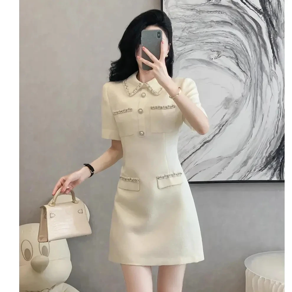 A1411长裙不褪色POLO领白色西装连衣裙职业女神范裙子名媛