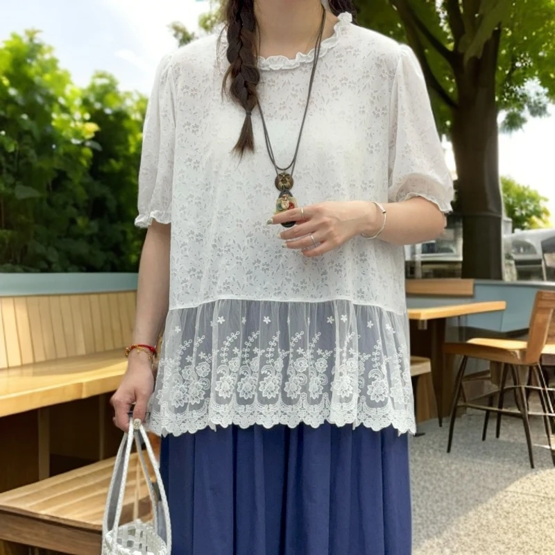 2025新款森系镂空提花蕾丝网上拼接森系复古百搭显瘦女2652#