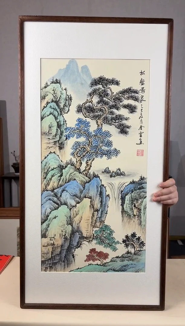国画手绘*松鹤鸣泉*47*92cm*黑胡桃色木框