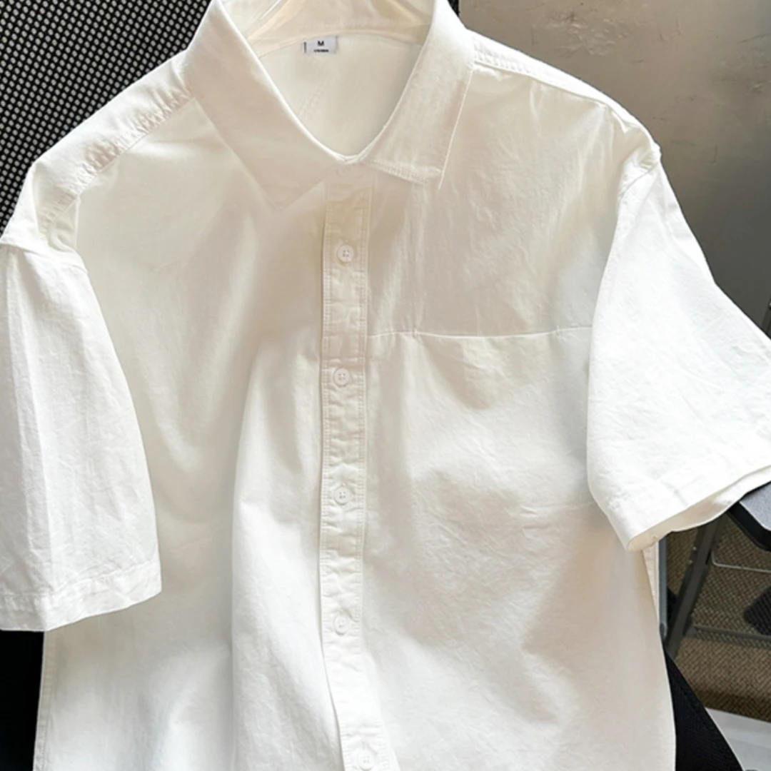 正品潮牌夏季薄款休闲百搭纯色日系港风痞帅青少年短袖衬衫青春流