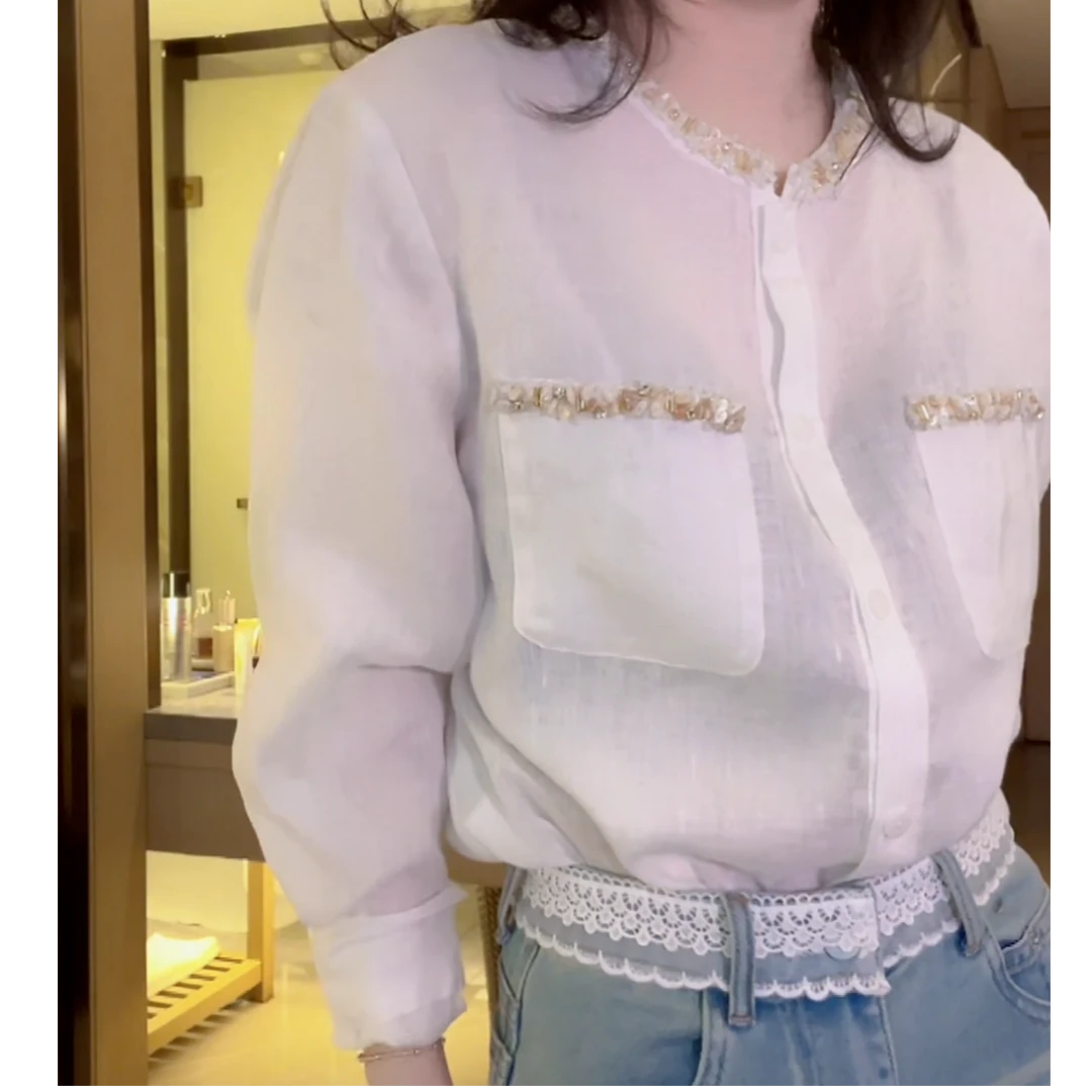 重工钉珠亮片口袋衬衫2025新款春季法式千金风时尚气质长袖衬衣