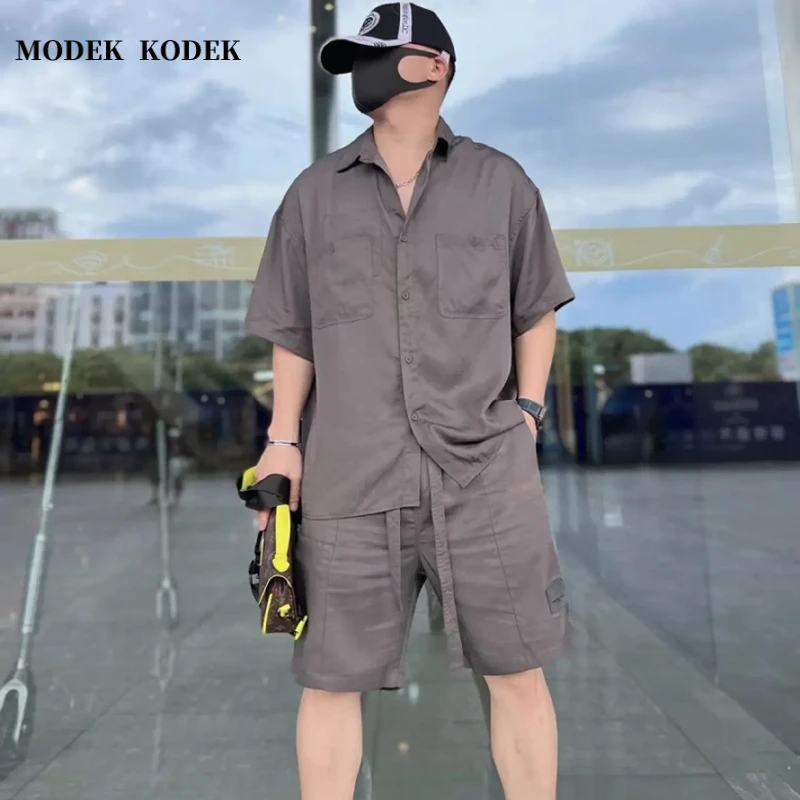 MODEK KODEK高级感潮牌男休闲半袖衬衫夏季薄款宽松直筒短裤套装