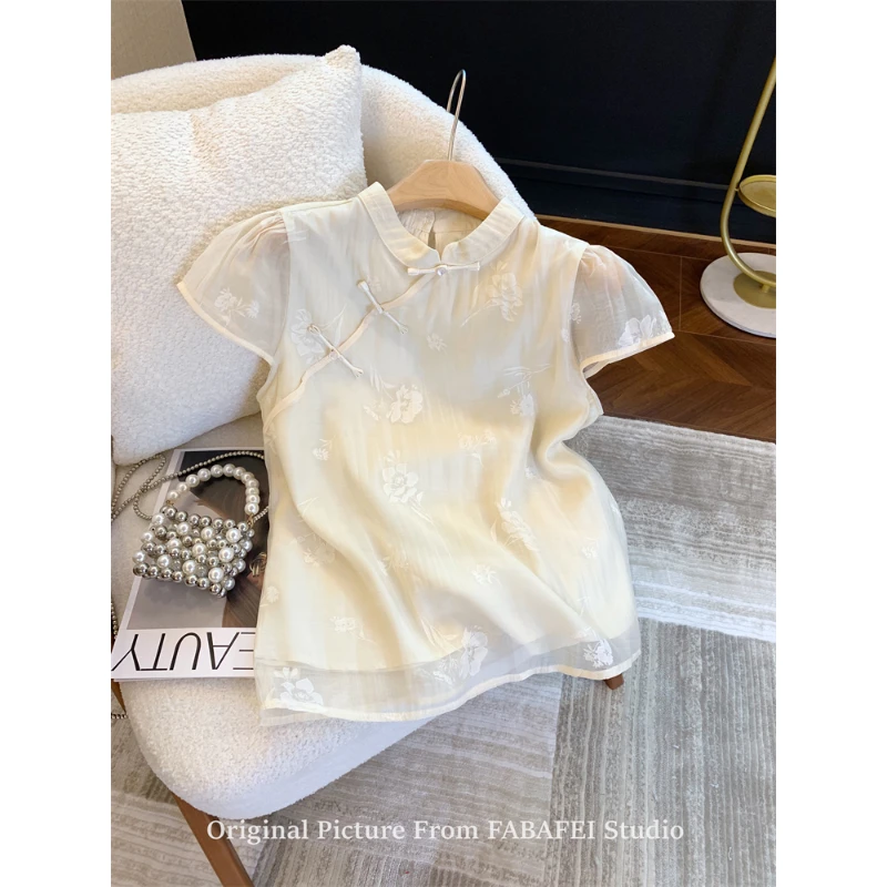 夏季新中式国风提花泡泡袖衬衫女小众盘扣旗袍领小衫斜襟气质上衣