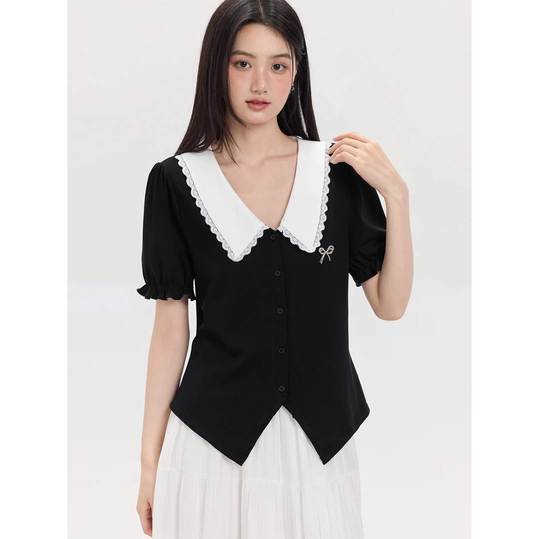 爱蔷薇大码胖mm短袖显瘦正肩娃娃领t恤女夏季法式绝美上衣GT77764