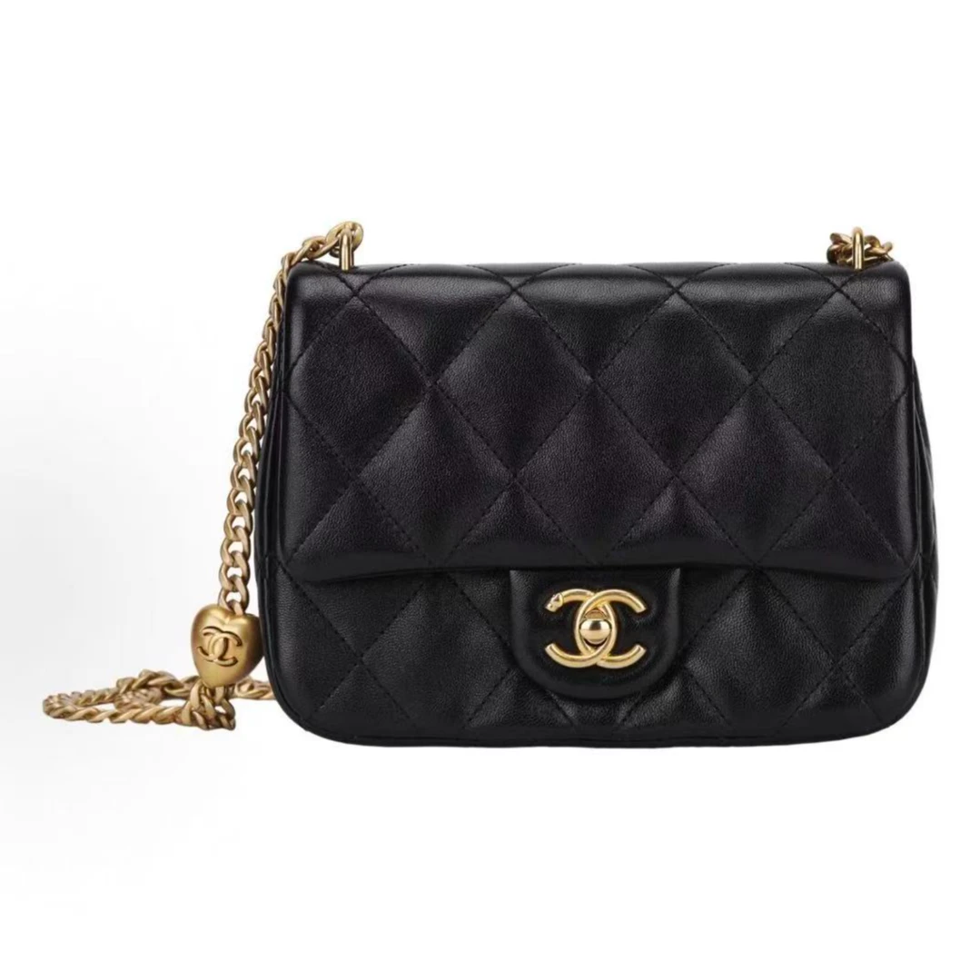 99新 Chanel/香奈儿 黑金荔枝方胖子 爱心金球单肩包