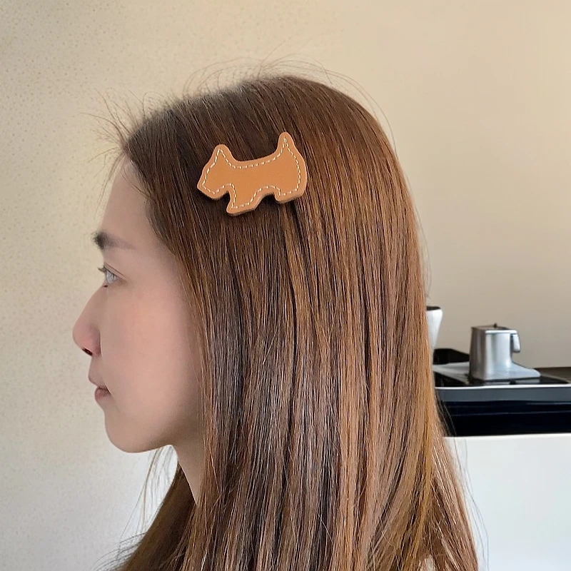 小狗发卡真皮牛皮2024新款女一字夹抓夹小清新高级感可爱精致礼物