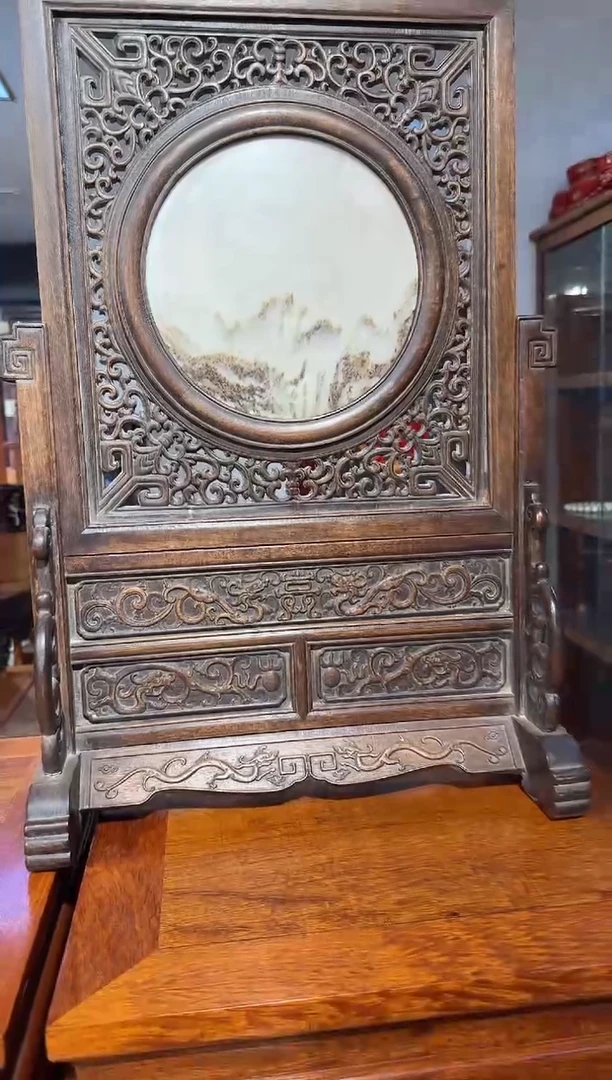 【闪购商品】木木艺黄花梨镶嵌云石板屏风1380.8888