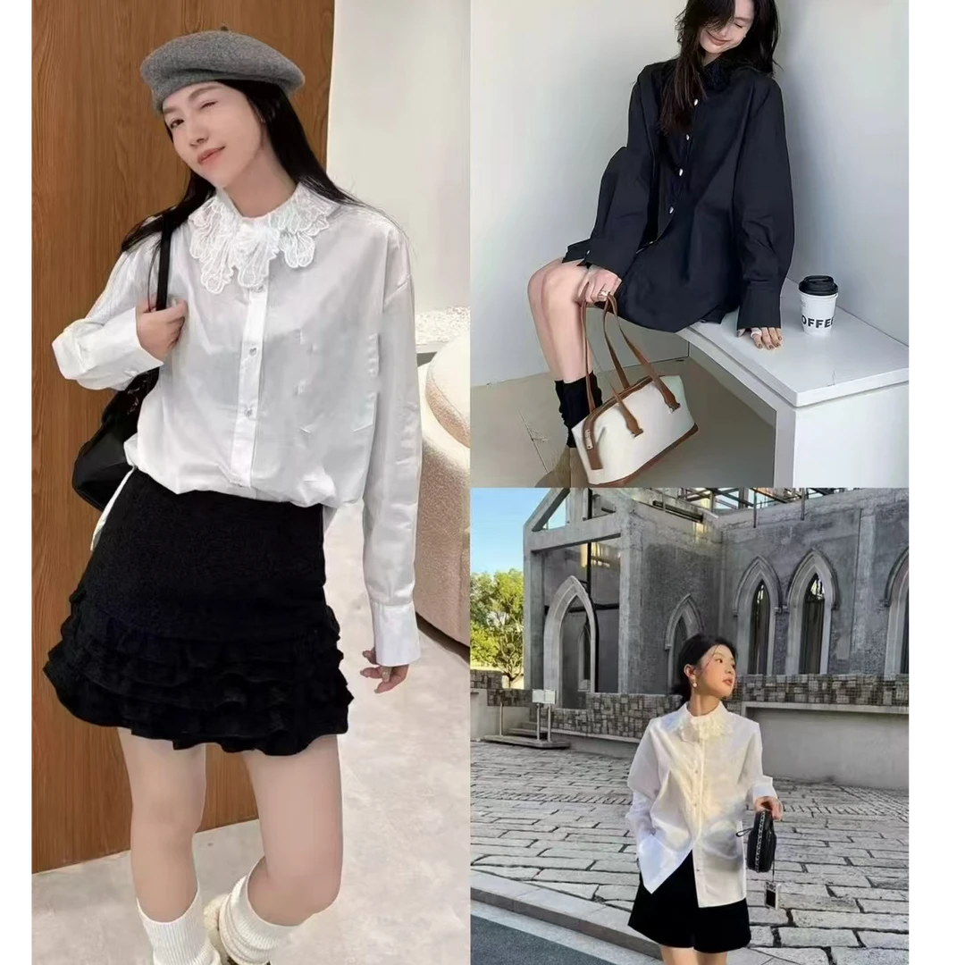 黑屿白/607 长袖装饰常规款单排多扣衬衫上衣休闲百搭春季气质