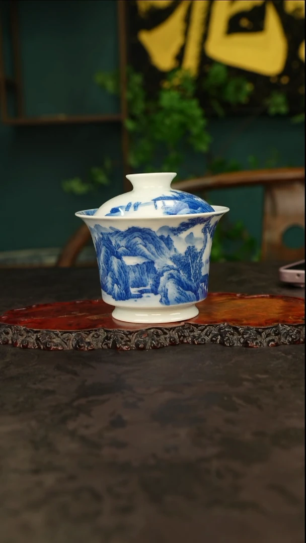 谢凯山坊青花手绘山水二才盖碗