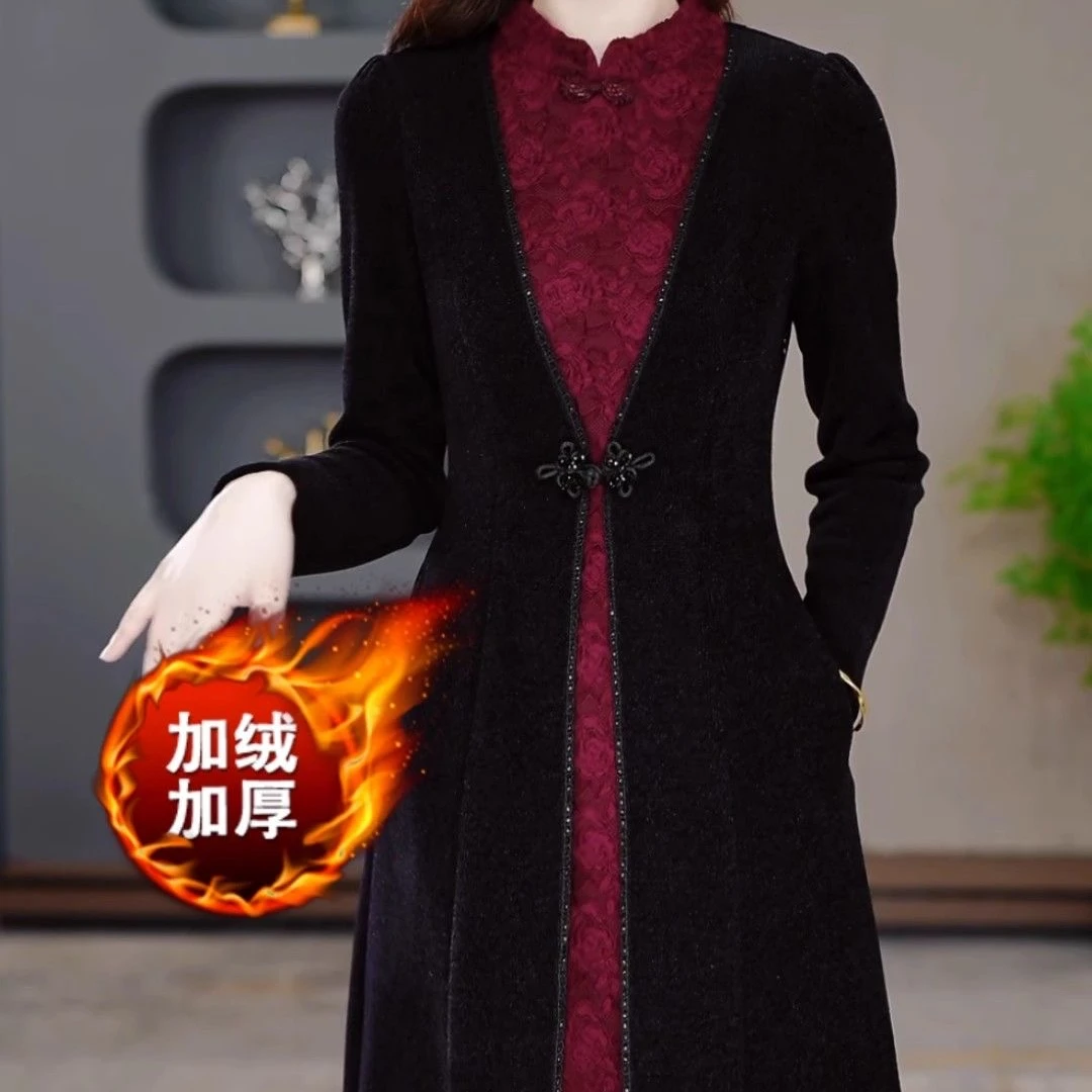 秋冬加绒加厚连衣裙2024秋冬洋气新款显修身气质遮肚加厚裙子