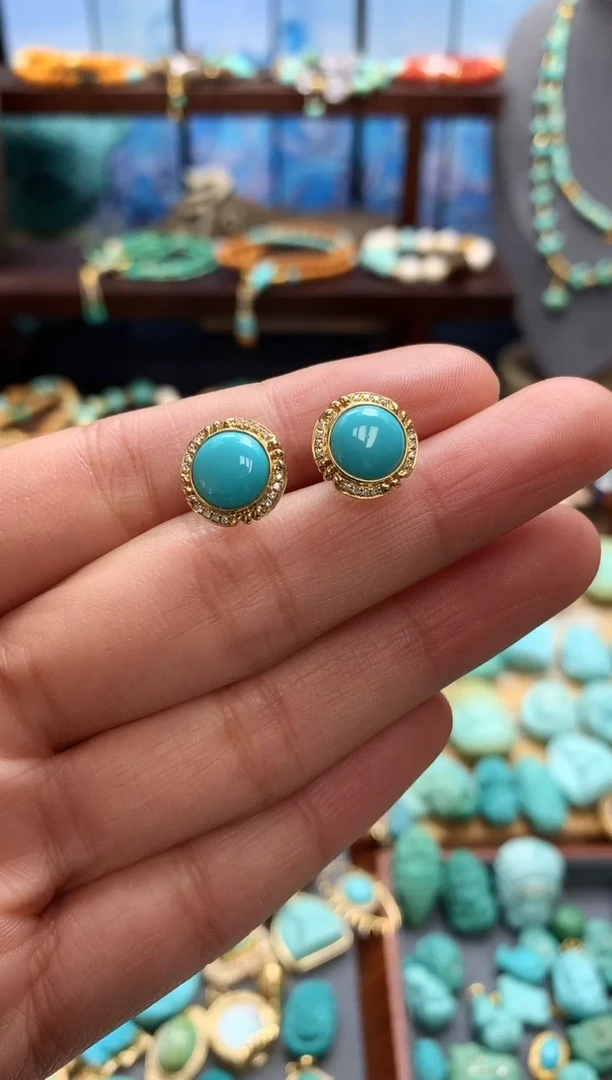 18K金镶嵌绿松石耳饰高瓷绿松石耳钉