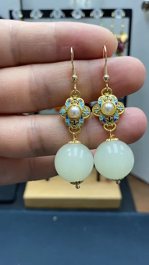 和田玉银S925镀金镶嵌耳饰尺寸16mmA2