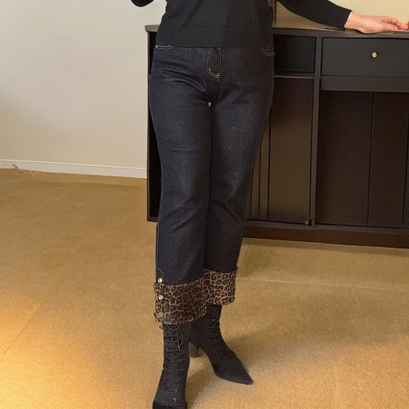 【包邮】秋冬季显瘦直筒牛仔裤女高腰弹力加绒加厚时尚休闲裤#903#