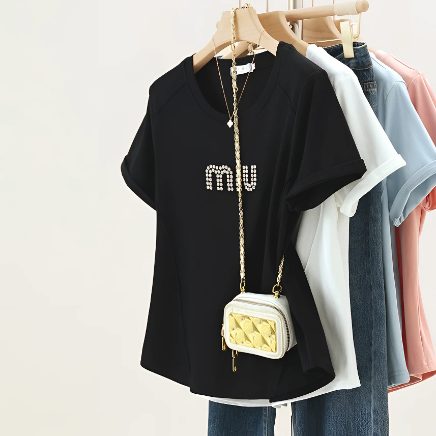 大码减龄遮肉显瘦正肩短袖T恤女夏季新款精梳棉百搭透气钉珠上衣