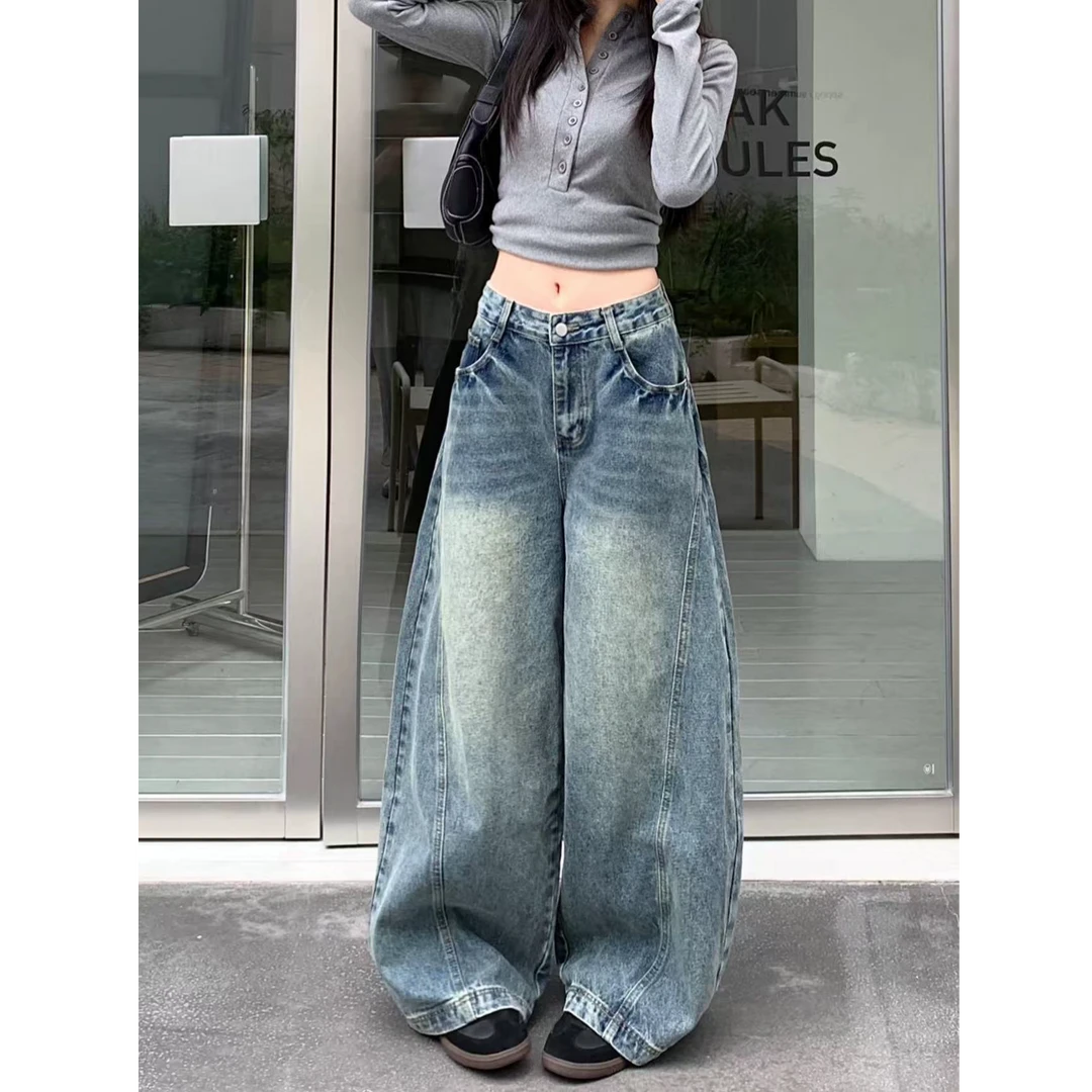 （现货+运费险）弯刀复古蓝辣妹牛仔裤女秋季高腰宽松垂感美式长裤