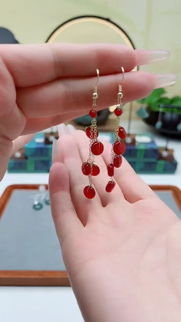 未镶嵌耳饰玛瑙/玉髓0算盘珠红