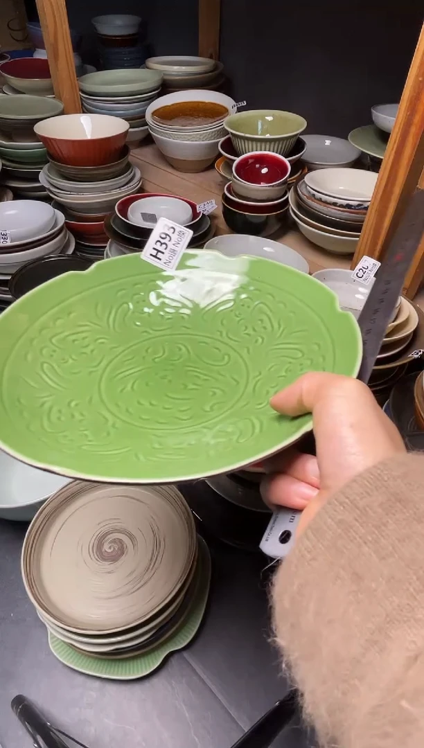 瓷片我**字h393绿色雕刻荷口盘福利