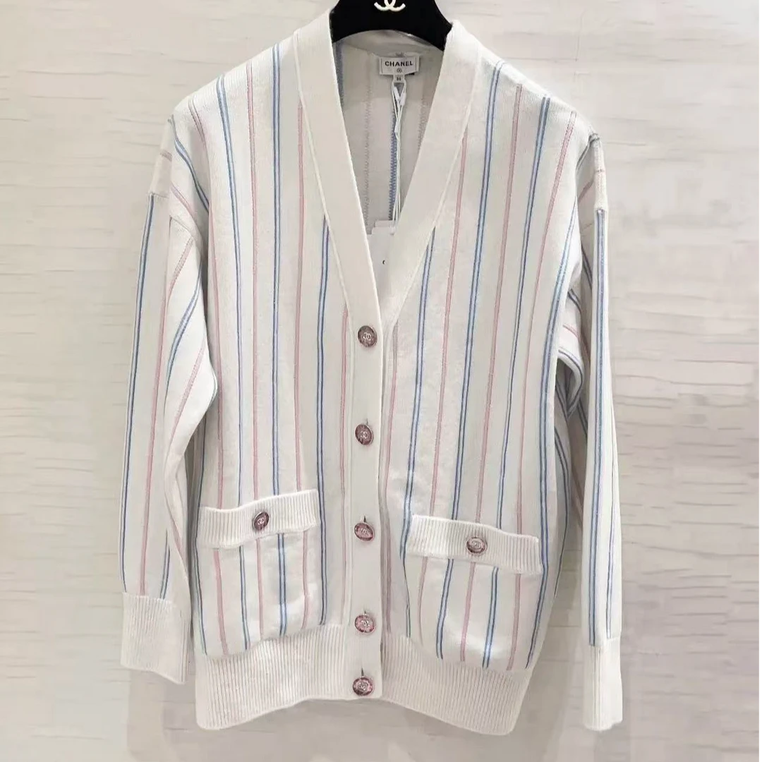 99新 Chanel/香奈儿 23P彩色条纹羊绒开衫 38码