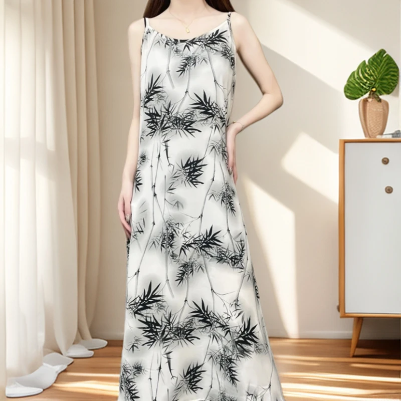 【墨叶竹枝】气质宽松无袖海边度假吊带连衣裙#503