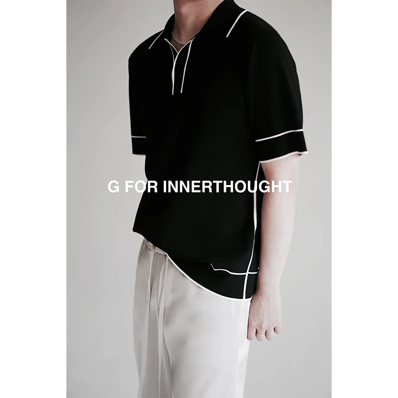 G FOR INNERTHOUGHT|醋酸混纺纱拼线设计冰凉爽滑翻领针织衫短袖T