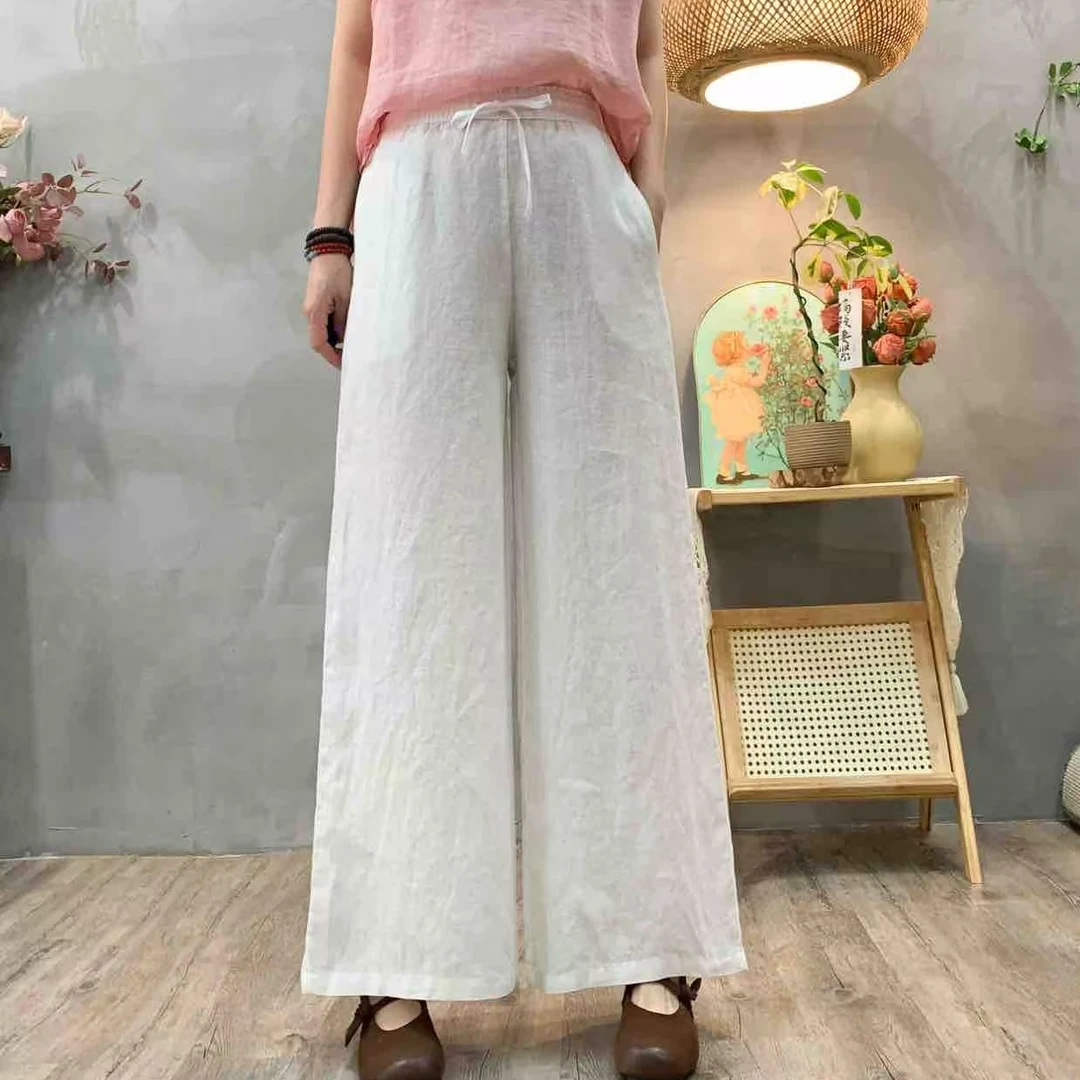 82529新款纯亚麻中腰女士休闲宽松阔腿裤春秋季文艺提花大码长裤
