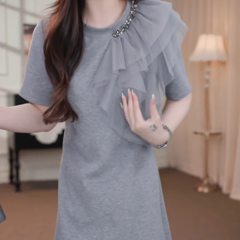 维纳斯女神·夏季时尚洋气拼接荷叶边法式气质小众连衣裙-