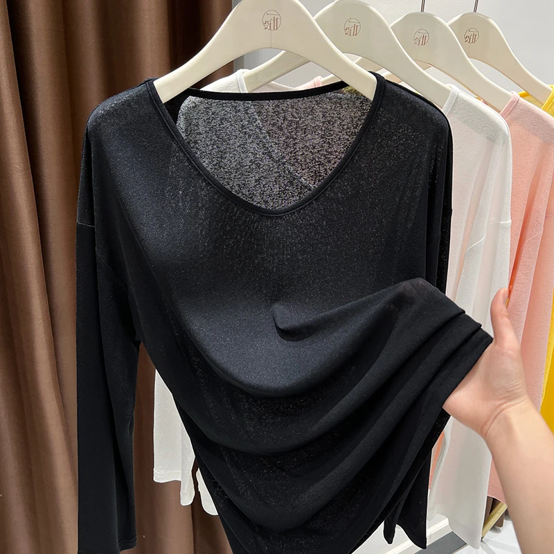 纯欲黑色V领宽松薄透针织T恤上衣女春季2025新款内搭软糯长袖小衫