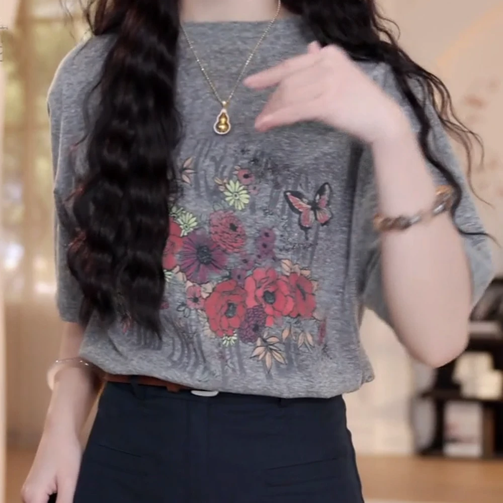 蝴蝶花印花短袖百搭夏季T恤女2025年春装新款复古宽松上衣气质