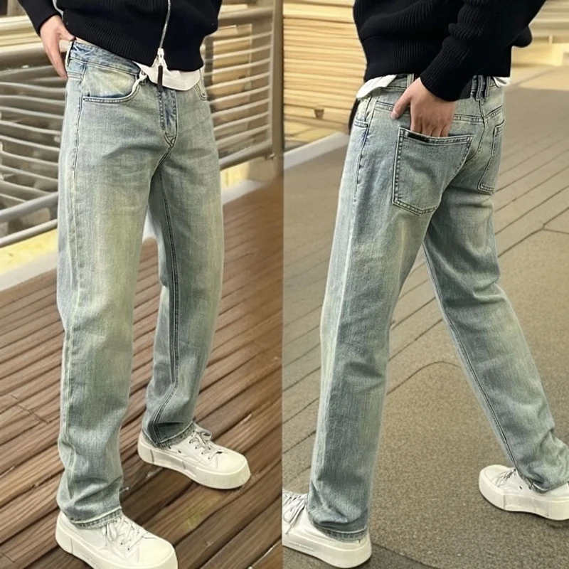欧货高街痞帅修身小直筒牛仔裤男士春夏新款潮流百搭阔腿休闲男裤