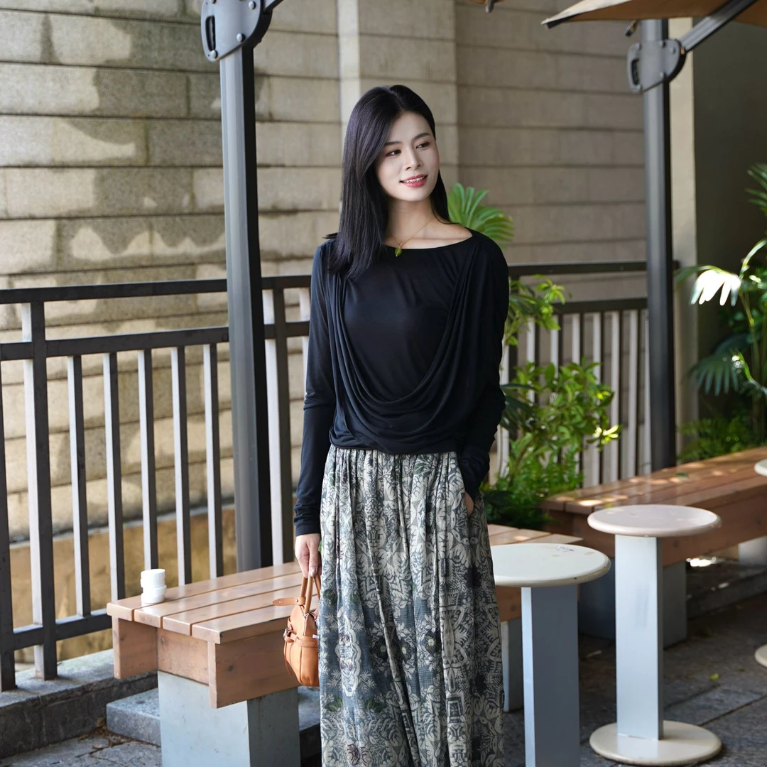 以类设计师deepmoss雾黑色平领扭转荡褶上衣25秋冬新款舒适47185