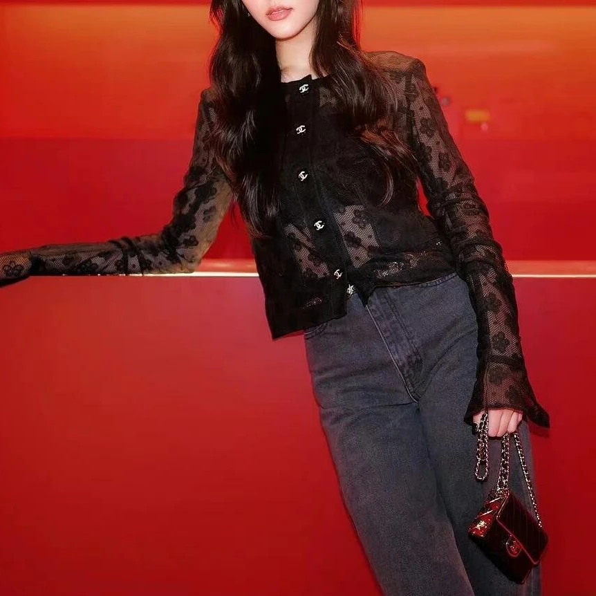 99新 Chanel/香奈儿 38码23A黑色山茶花蕾丝镂空外套