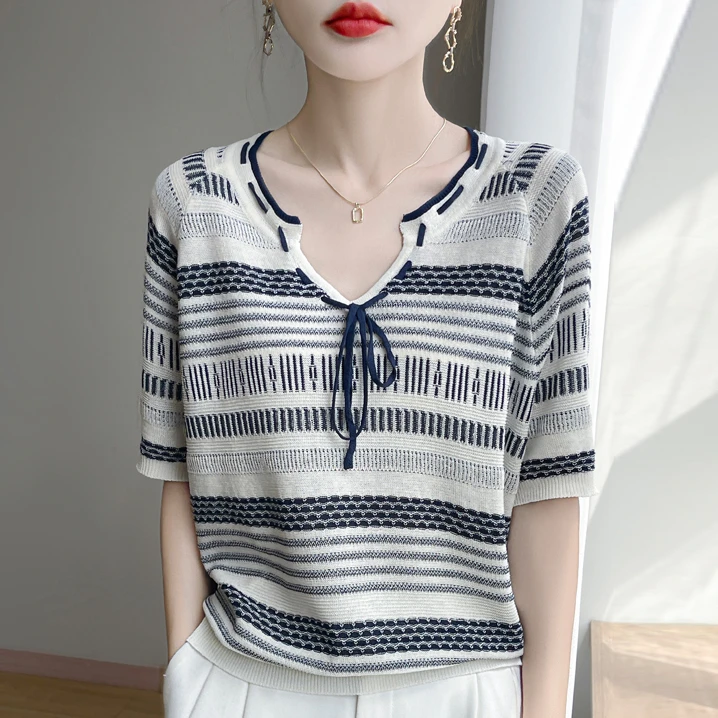 哥弟阿玛施正品夏季薄款法式复古V领拼色针织衫透气宽松短袖上衣