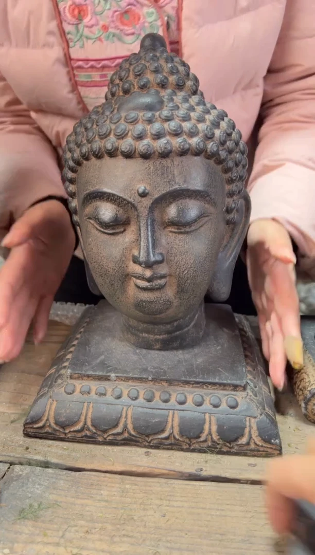 陶土小佛头+莲花底座