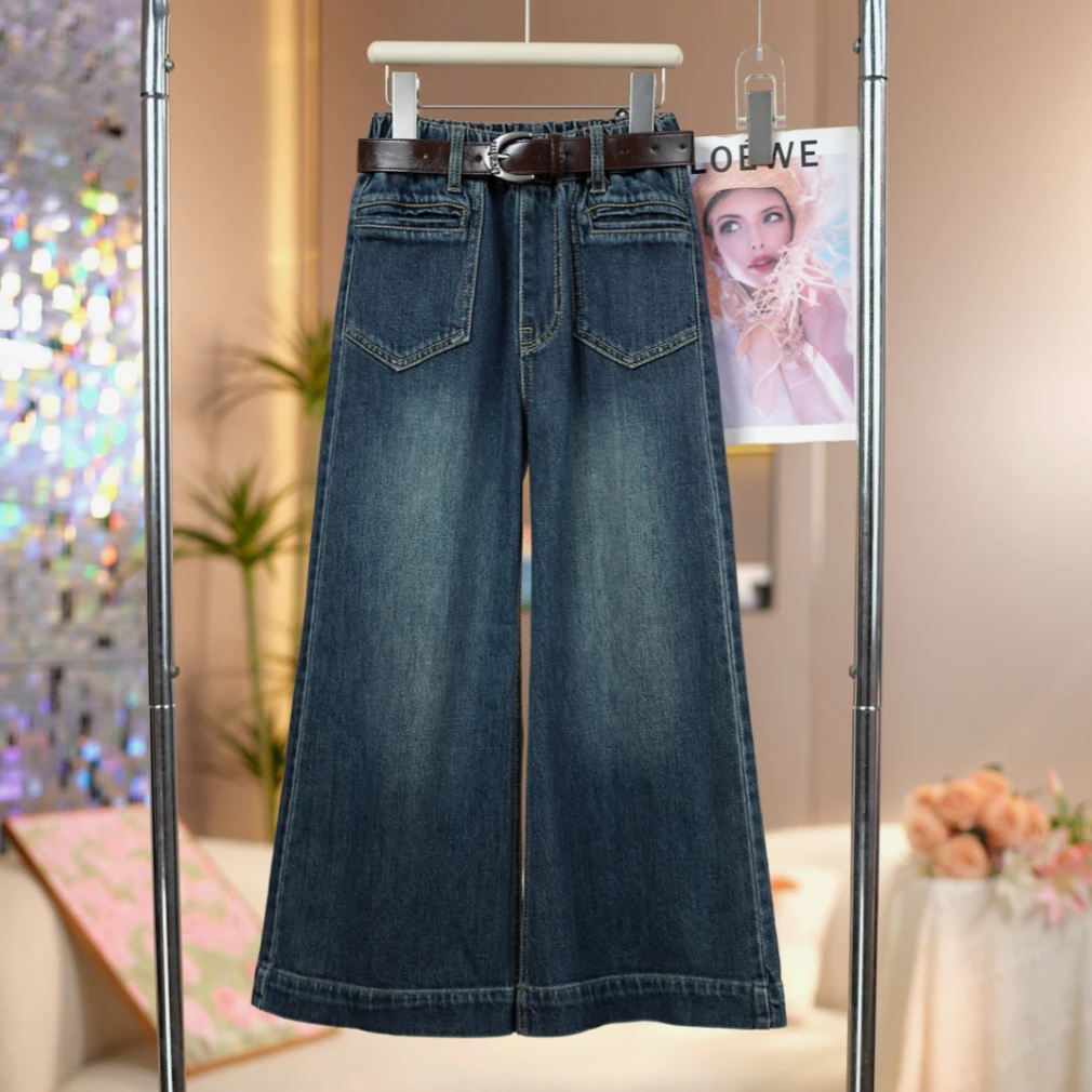 女童2025秋季新款拼接口袋牛仔裤中大童时尚百搭儿童洋气阔腿裤子