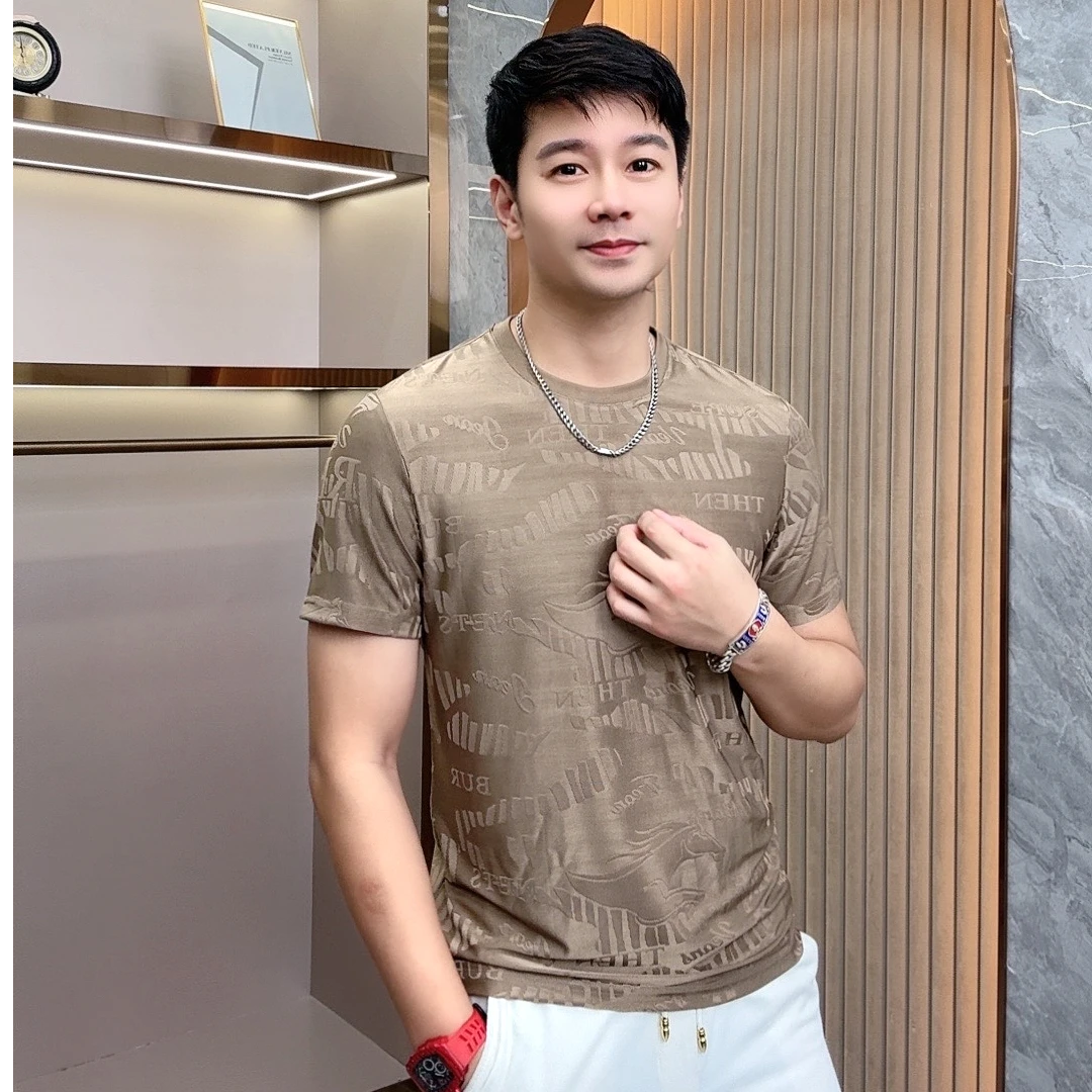 欧彬泽/冰丝【骏马】龙图腾提花设计2025新款男装圆领短袖T恤2325
