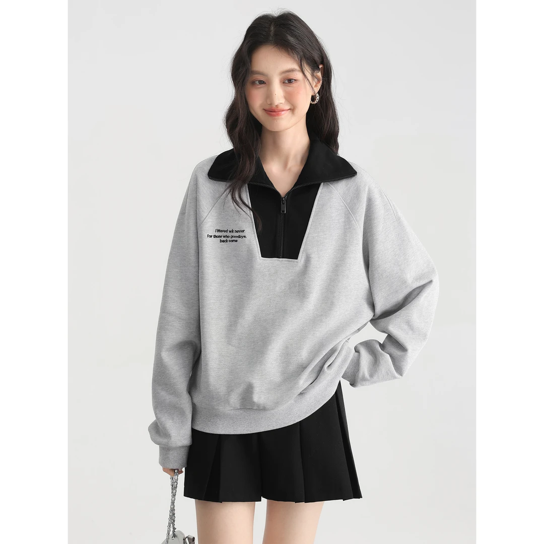 爱蔷薇胖mm大码女装秋冬灰色卫衣2024新款慵懒休闲上衣GT74184