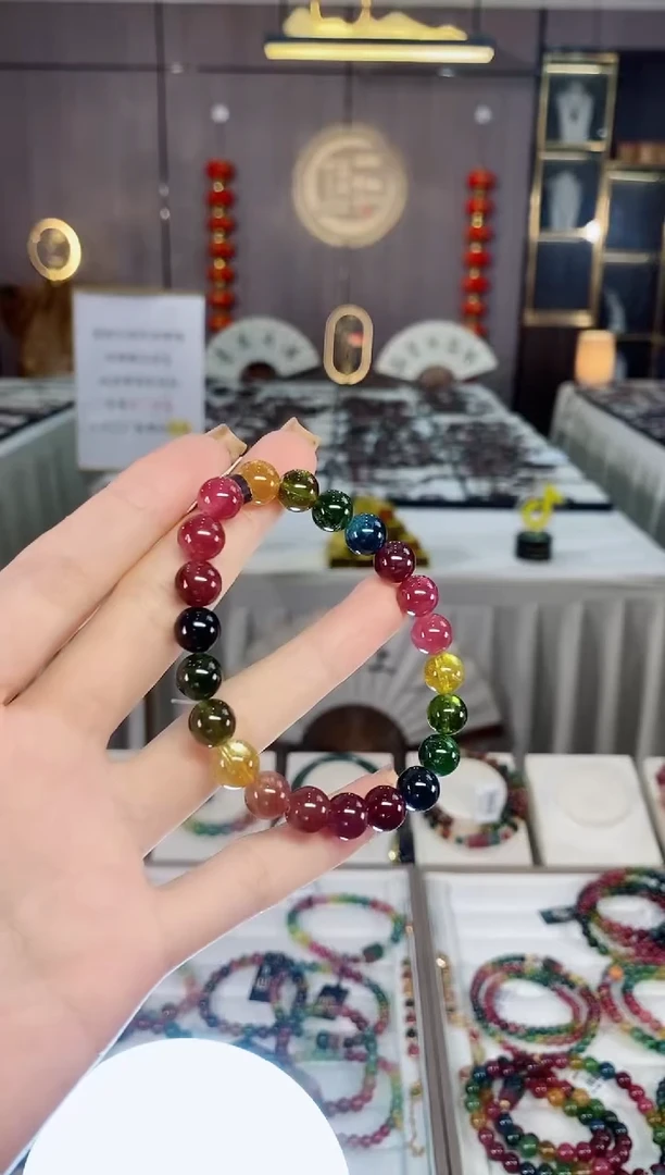 老矿碧玺色标彩虹透体单圈手串8mm未镶嵌碧玺dan多样性发货一条