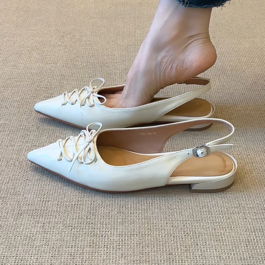 RubyL/2.5cm时尚简约气质百搭舒适纯色粗跟尖头蝴蝶结包头凉鞋