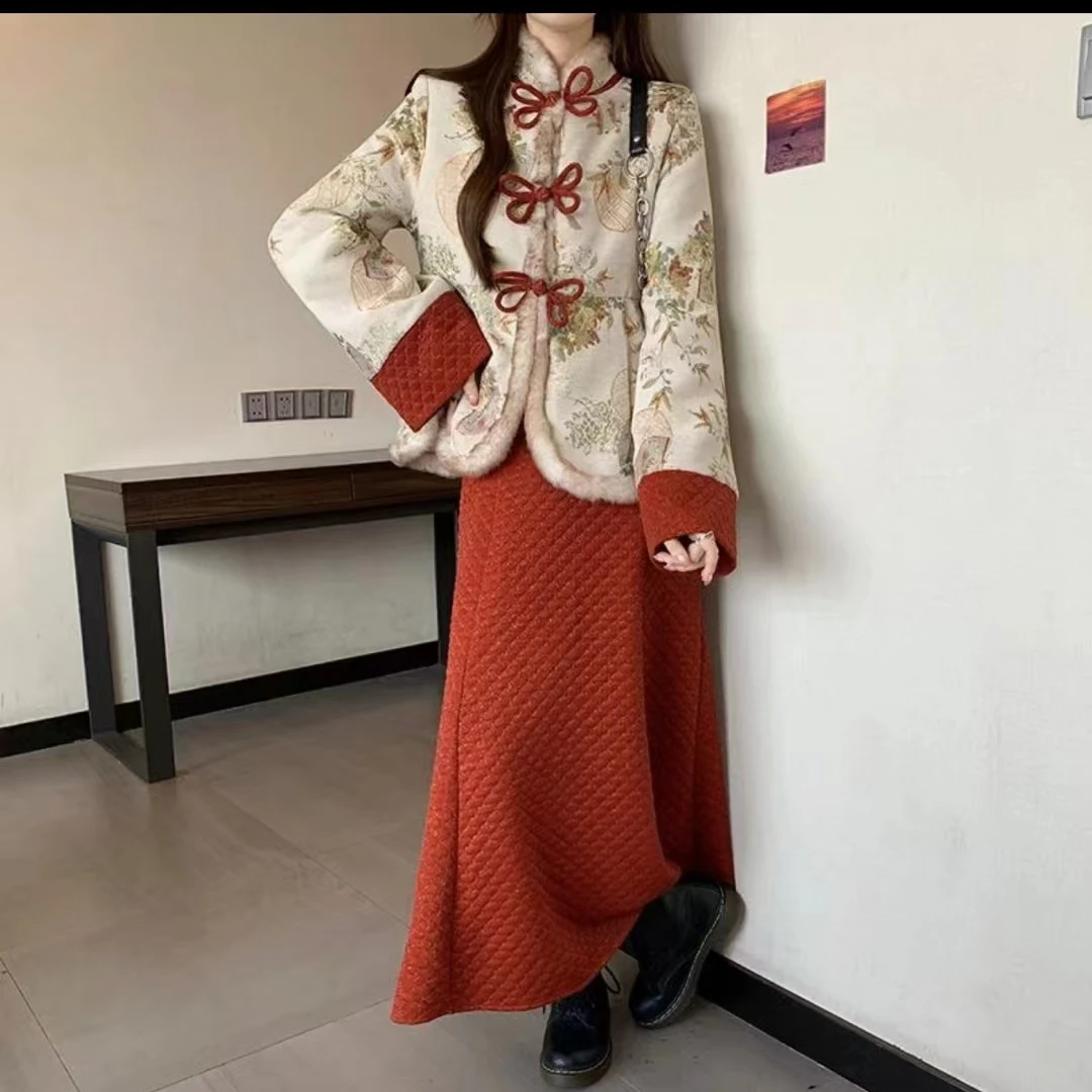 大码胖MM冬季百搭时尚宽松收腰新中式套装