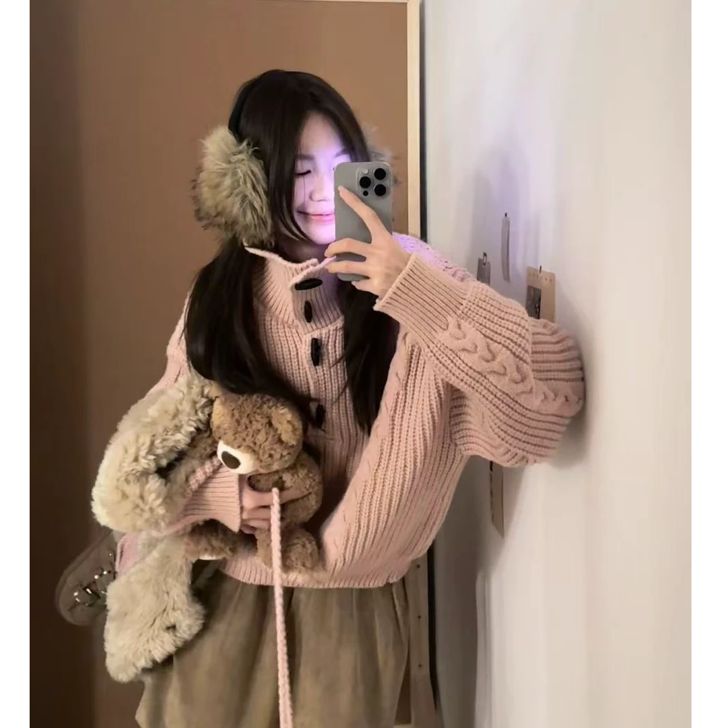 麻花针织毛衣套头纽扣高领休闲韩系上衣女秋冬宽松百搭时尚