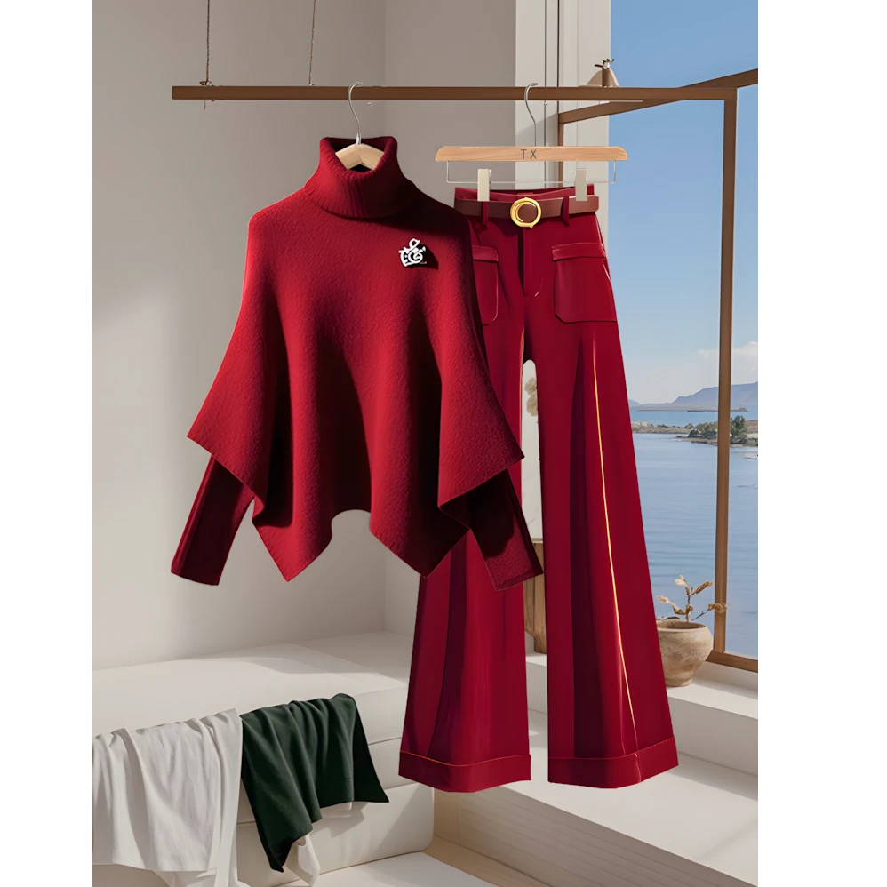 秋冬时尚套装高级感轻奢安可拉红针织衫多巴胺红色休闲裤两件套女