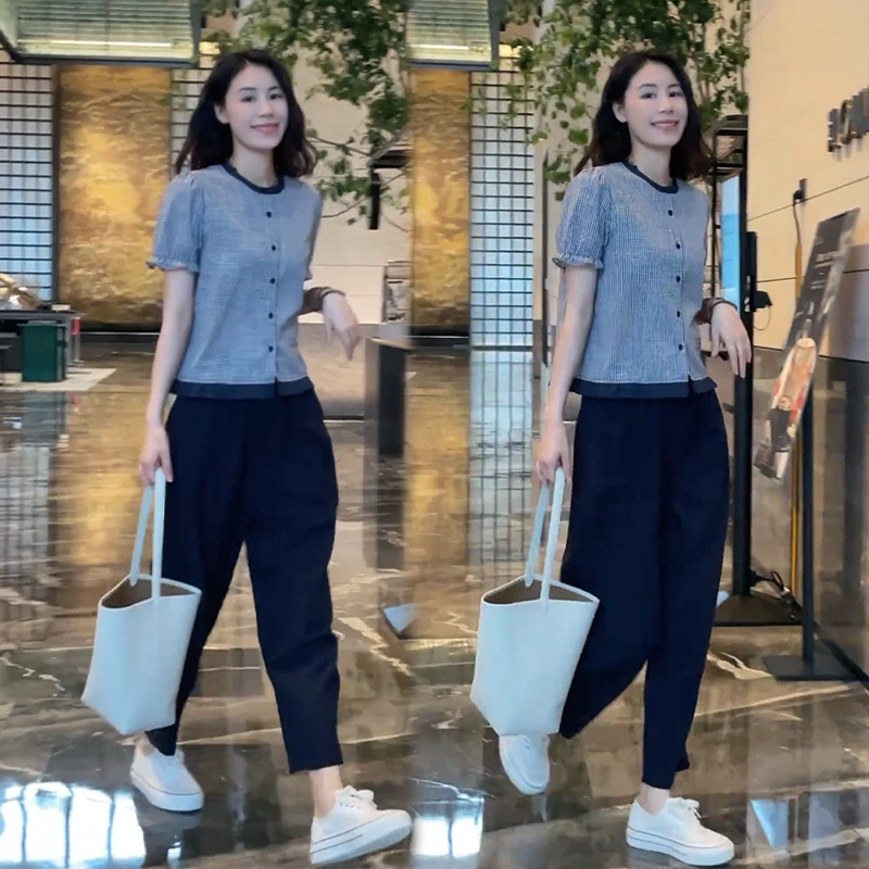 超好看时尚穿搭一整套2025夏款小个子气质减龄格子短袖衬衫休闲裤