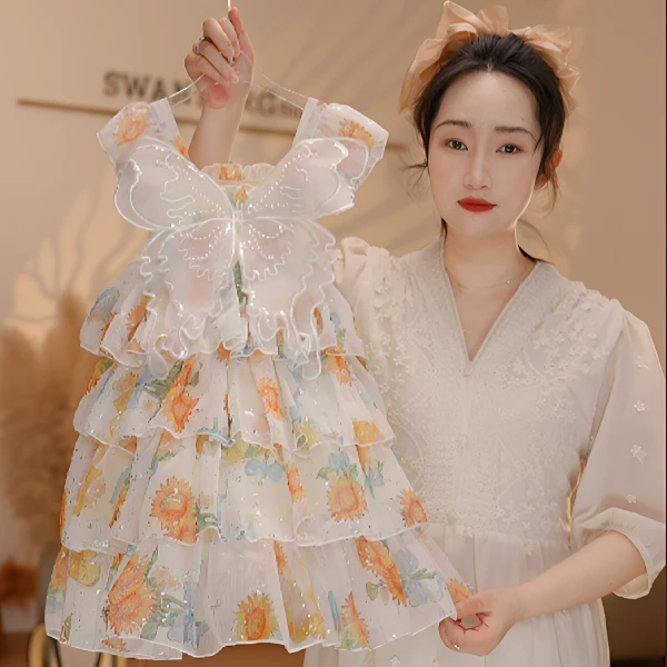 【Y.d8422】25夏季新款女童可向日葵碎花公主裙女宝洋气吊带连衣裙