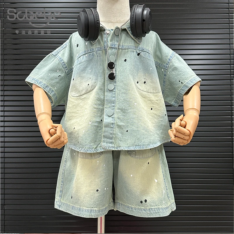 SCBEBE儿童牛仔套装夏季新款男童套装韩版欧若风渐变斑点AT900