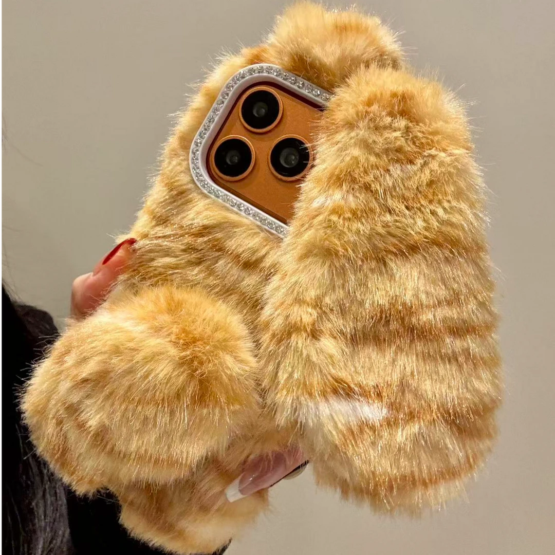 韩系毛绒棕黄条纹长耳短尾兔适用于iphone17promax苹果16手机壳15