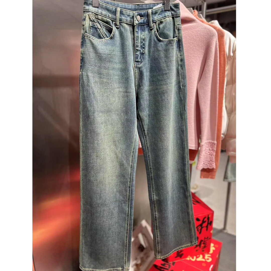 春季新款高腰做旧常规款百搭显瘦时尚休闲直筒牛仔裤【5656】
