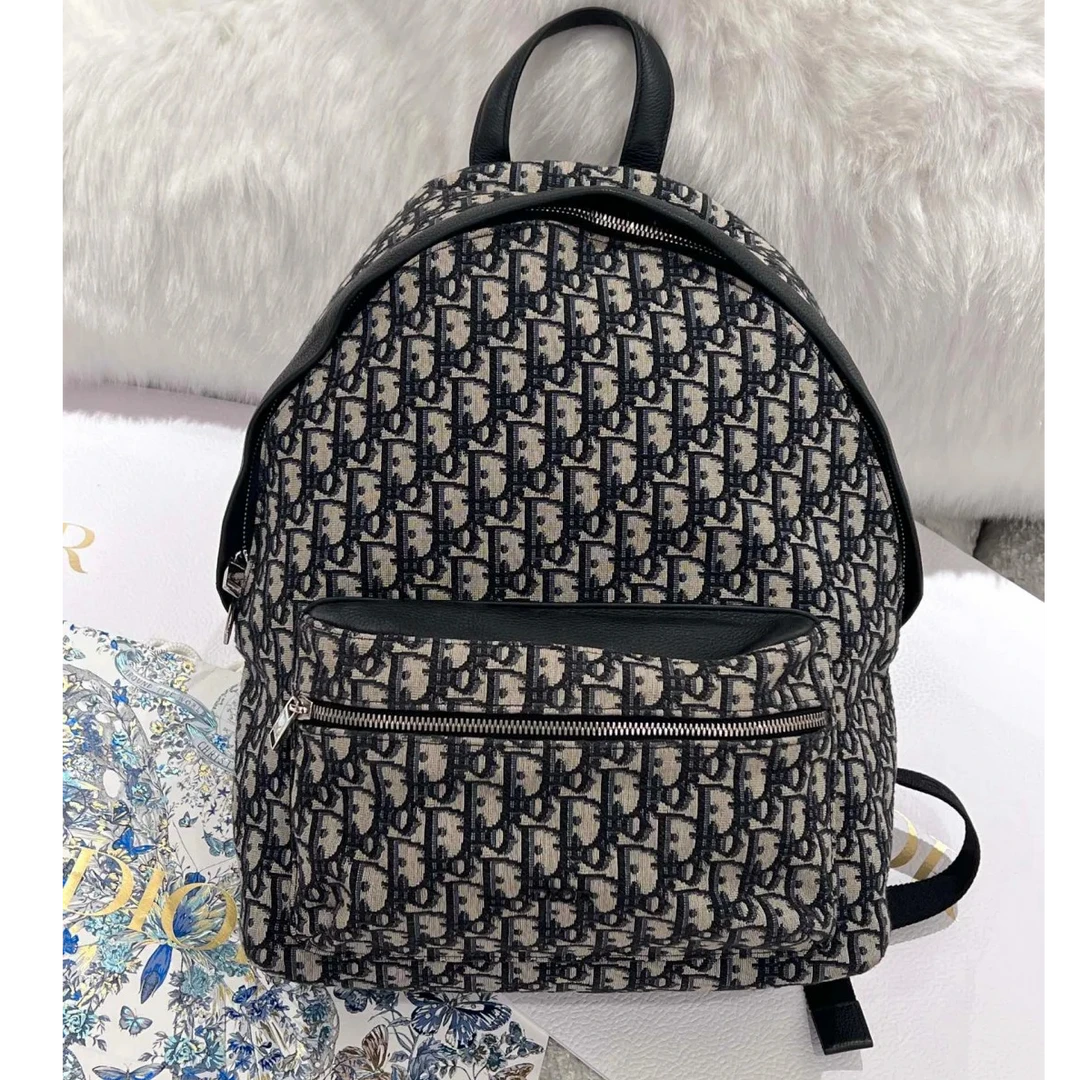 95新 DIOR/迪奥 小花Jerry活动Rider 双肩包 墨蓝色 帆布