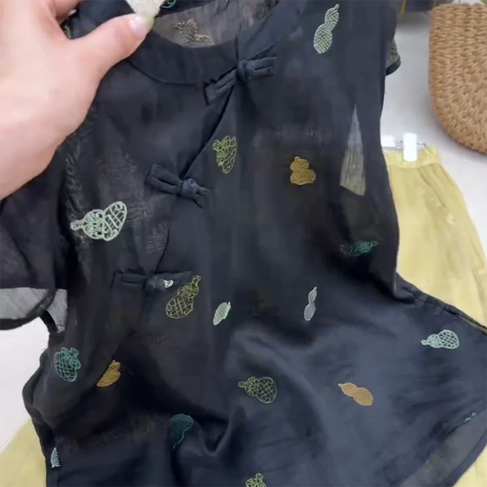 夏季新款斜襟苎麻小衫盘扣葫芦刺绣衬衫女上衣新中式C5333