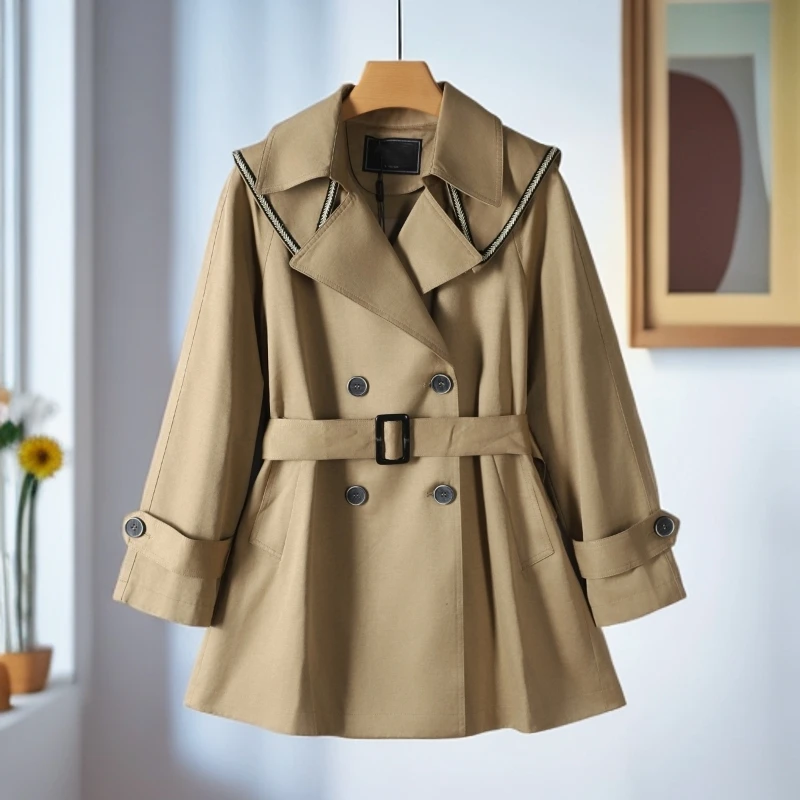 【荣】24秋品牌折扣时尚花边披肩双排扣插肩袖A版风衣外套女士113